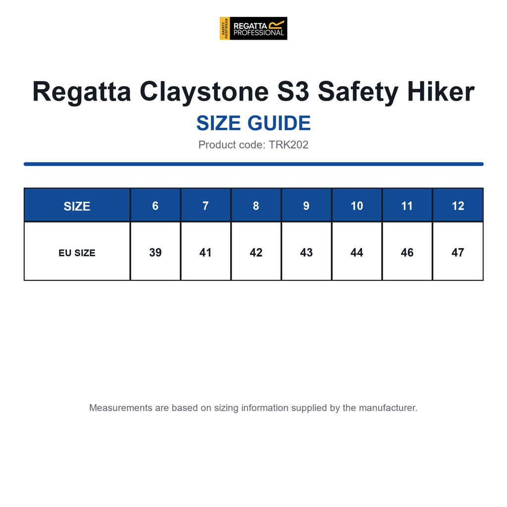 TRK202 Regatta Claystone S3 Safety Hiker size guide (TRK202)