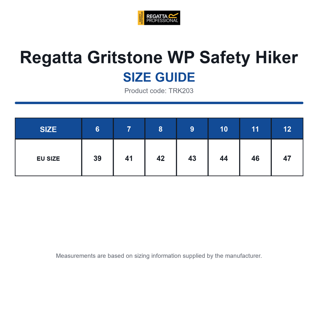 TRK203 Regatta Gritstone WP Safety Hiker size guide (TRK203)