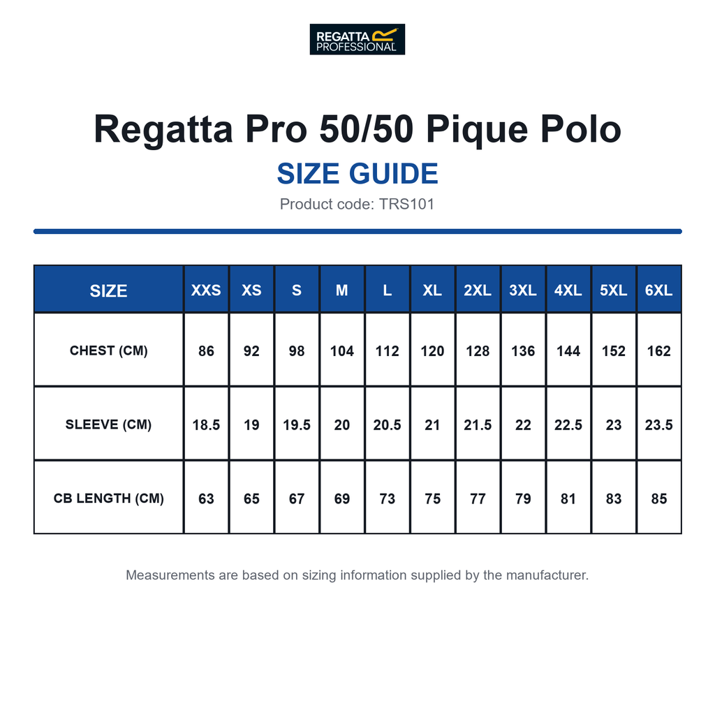 TRS101 Regatta Pro 50/50 Pique Polo size guide (TRS101)