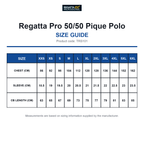 TRS101 Regatta Pro 50/50 Pique Polo size guide (TRS101)