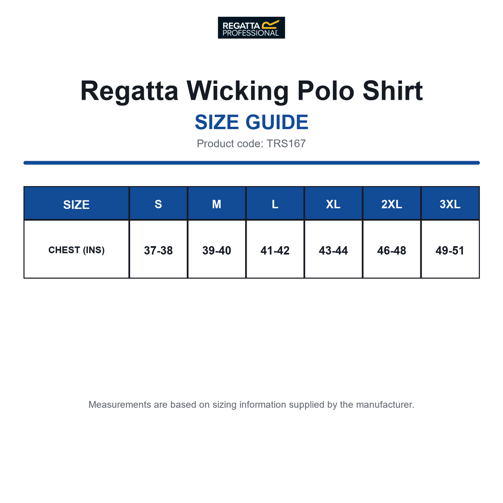TRS167 Regatta Wicking Polo Shirt size guide (TRS167)