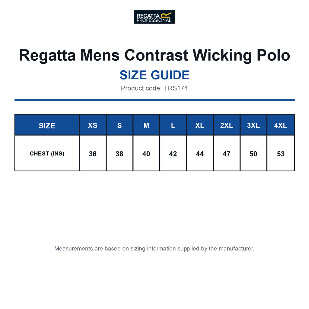 TRS174 Regatta Mens Contrast Wicking Polo size guide (TRS174)