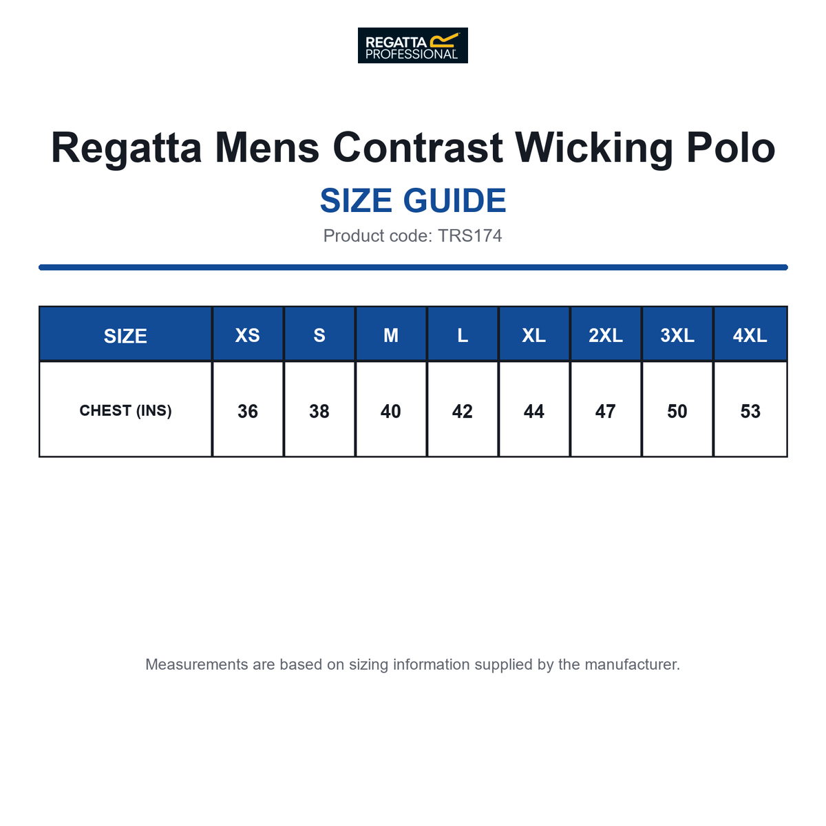TRS174 Regatta Mens Contrast Wicking Polo size guide (TRS174)