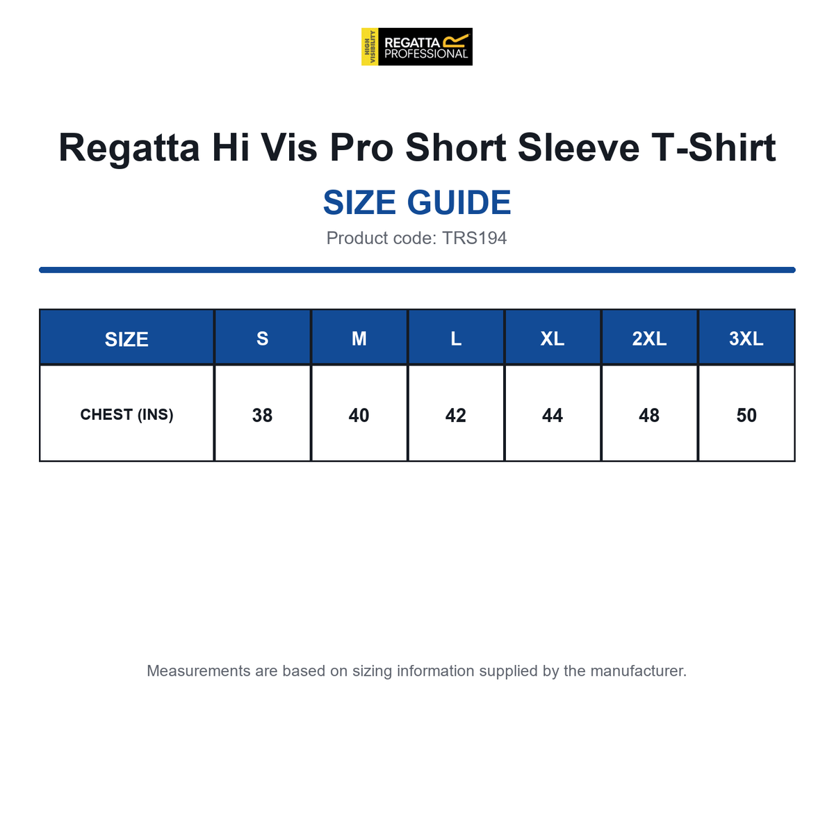 TRS194 Regatta Hi Vis Pro Short Sleeve T-Shirt size guide (TRS194)