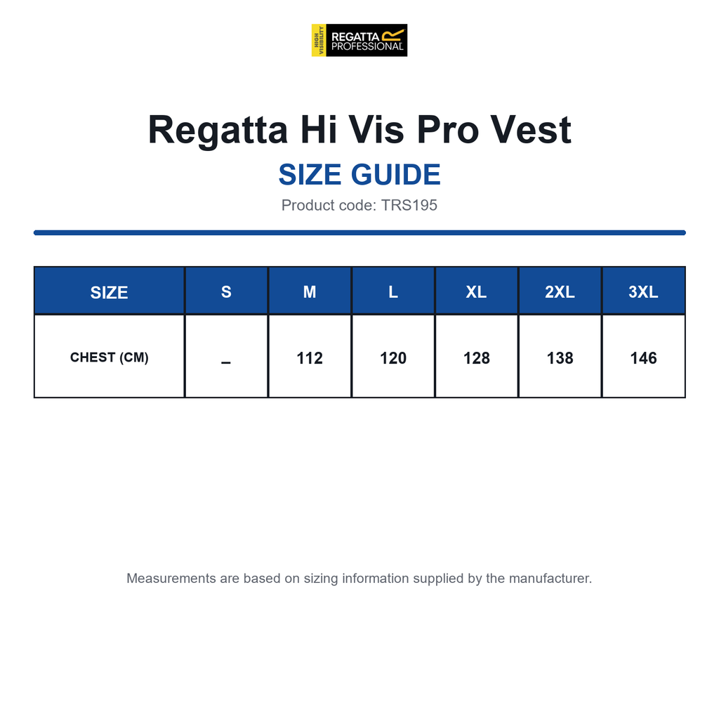 TRS195 Regatta Hi Vis Pro Vest size guide (TRS195)