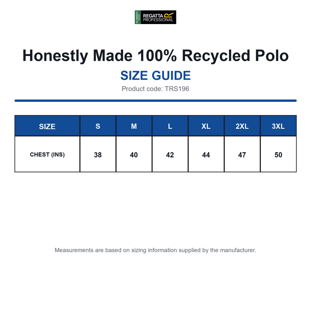 TRS196 Honestly Made 100% Recycled Polo size guide (TRS196)