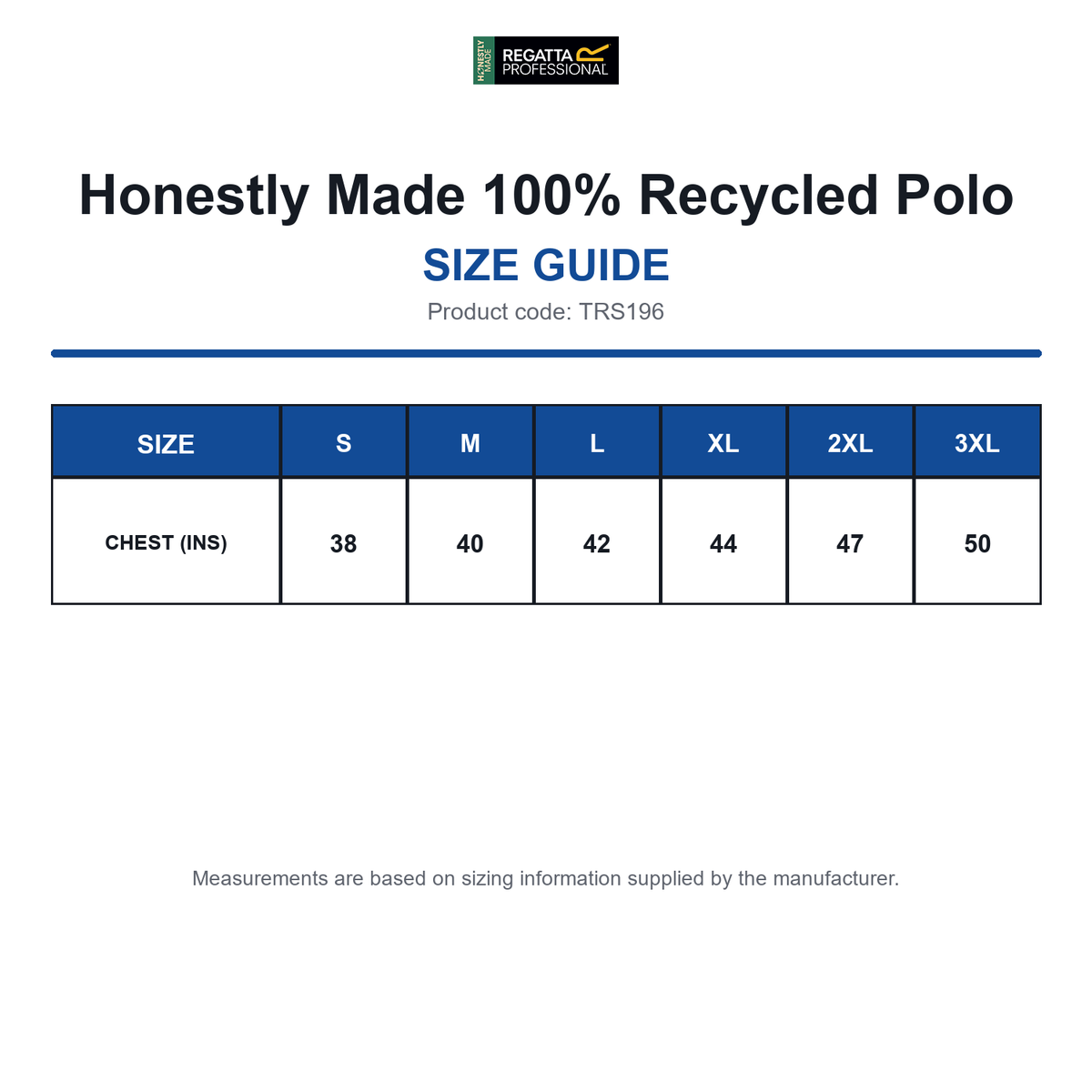 TRS196 Honestly Made 100% Recycled Polo size guide (TRS196)