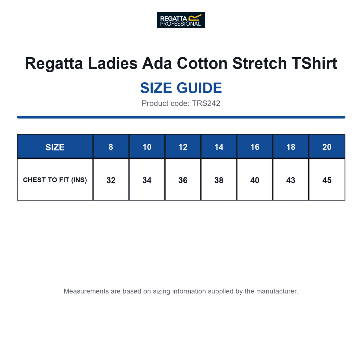 TRS242 Regatta Ladies Ada Cotton Stretch TShirt size guide (TRS242)