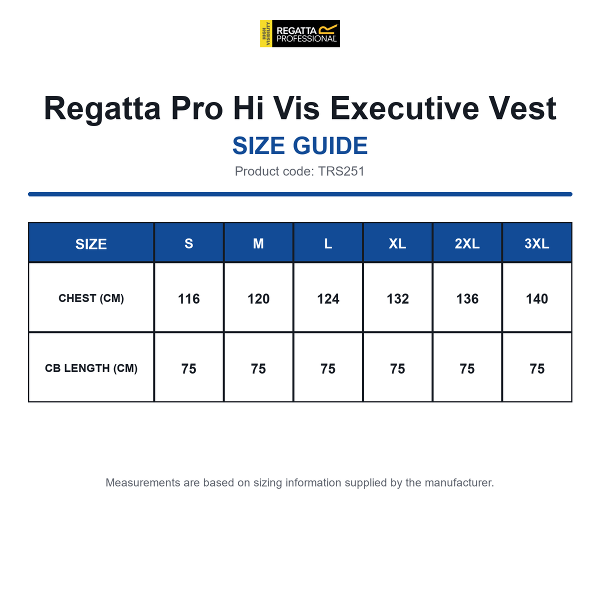 TRS251 Regatta Pro Hi Vis Executive Vest size guide (TRS251)