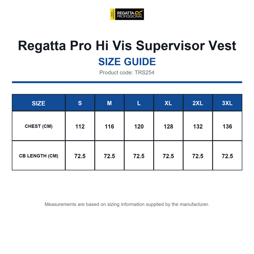 TRS254 Regatta Pro Hi Vis Supervisor Vest size guide (TRS254)