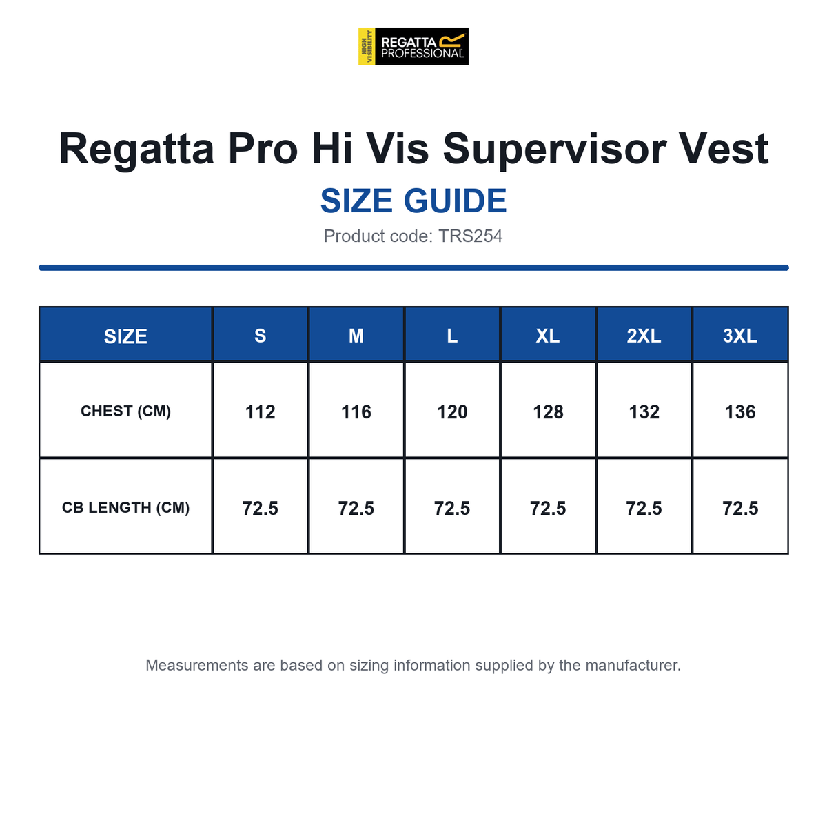TRS254 Regatta Pro Hi Vis Supervisor Vest size guide (TRS254)