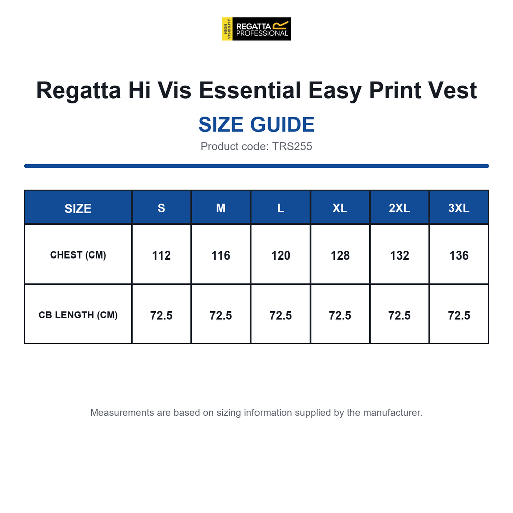 TRS255 Regatta Hi Vis Essential Easy Print Vest size guide (TRS255)