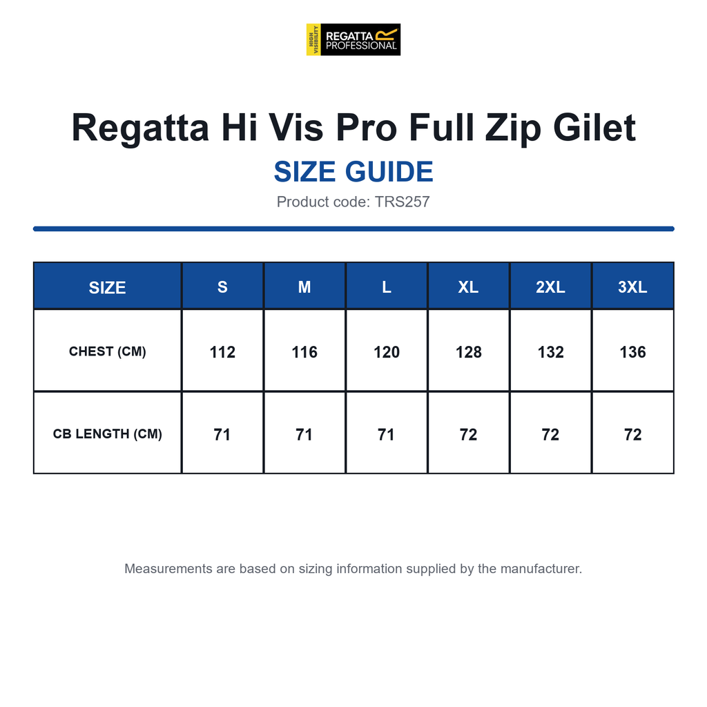 TRS257 Regatta Hi Vis Pro Full Zip Gilet size guide (TRS257)