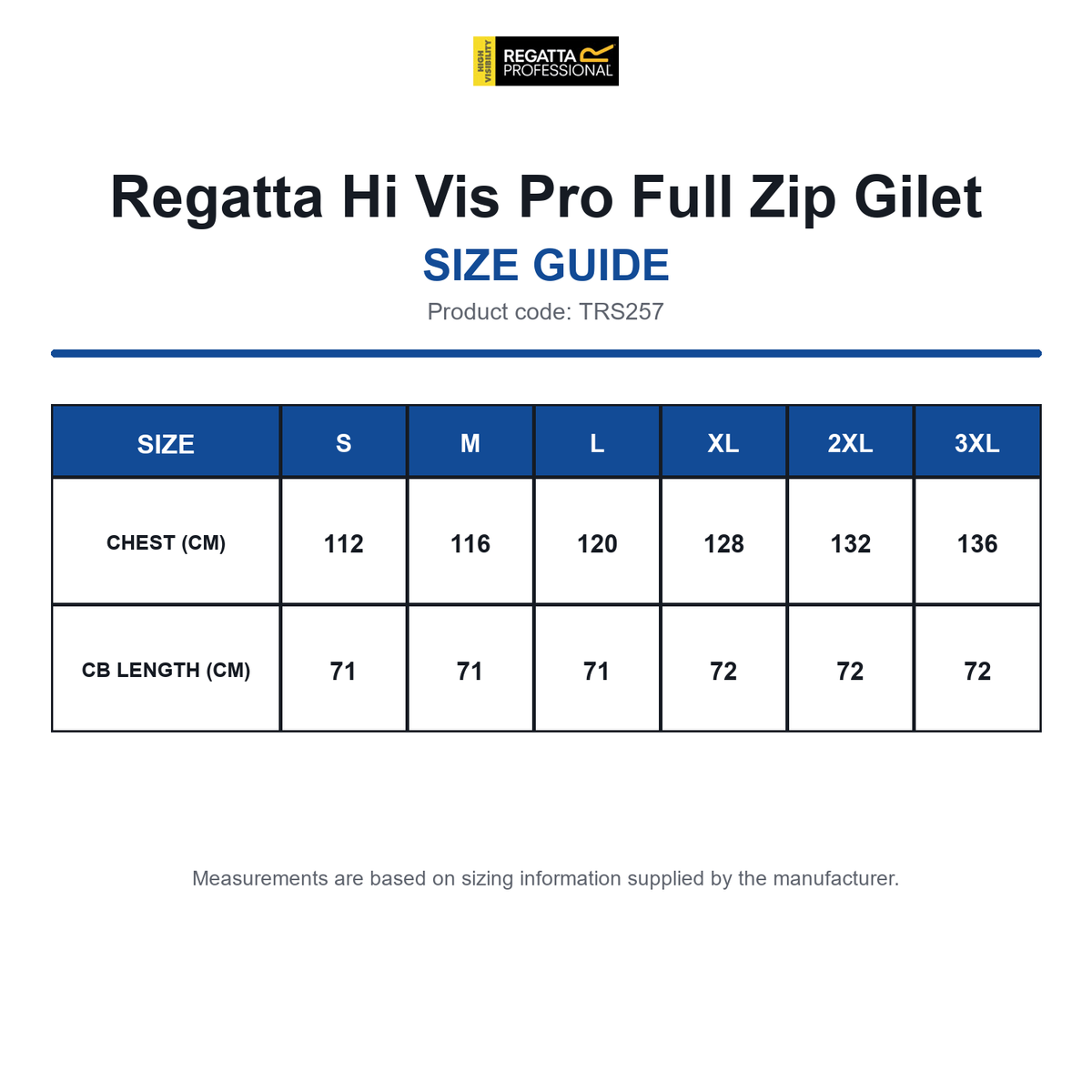 TRS257 Regatta Hi Vis Pro Full Zip Gilet size guide (TRS257)