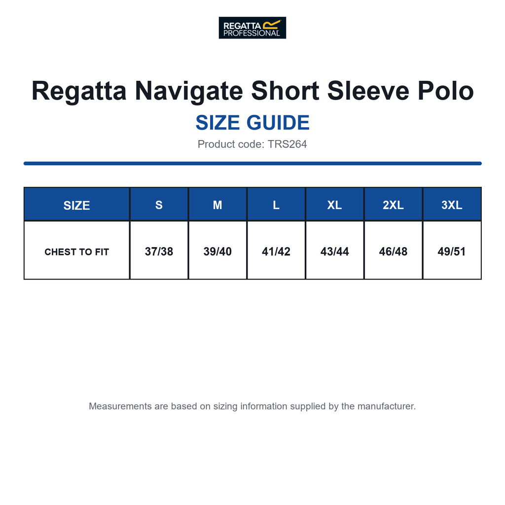 TRS264 Regatta Navigate Short Sleeve Polo size guide (TRS264)