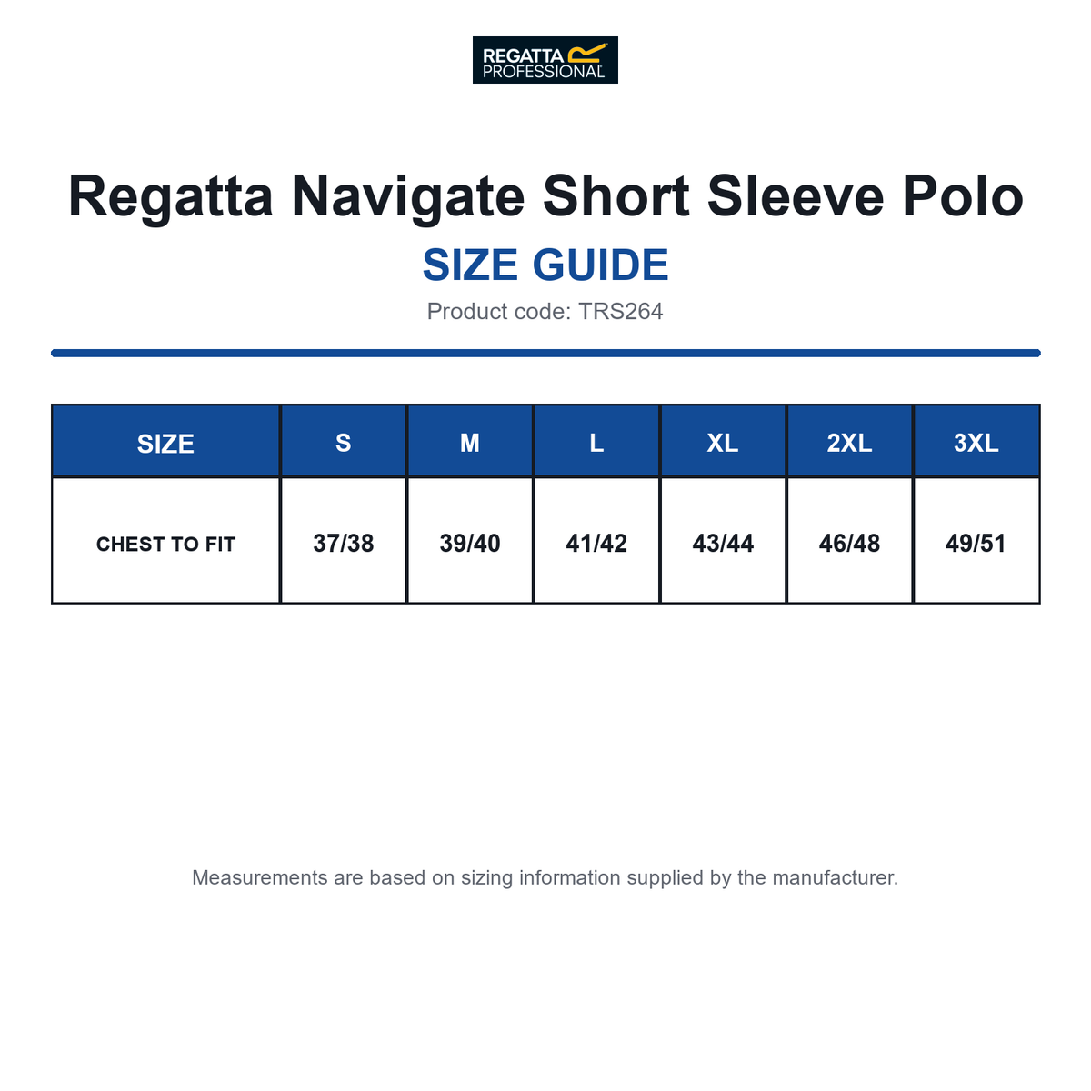 TRS264 Regatta Navigate Short Sleeve Polo size guide (TRS264)