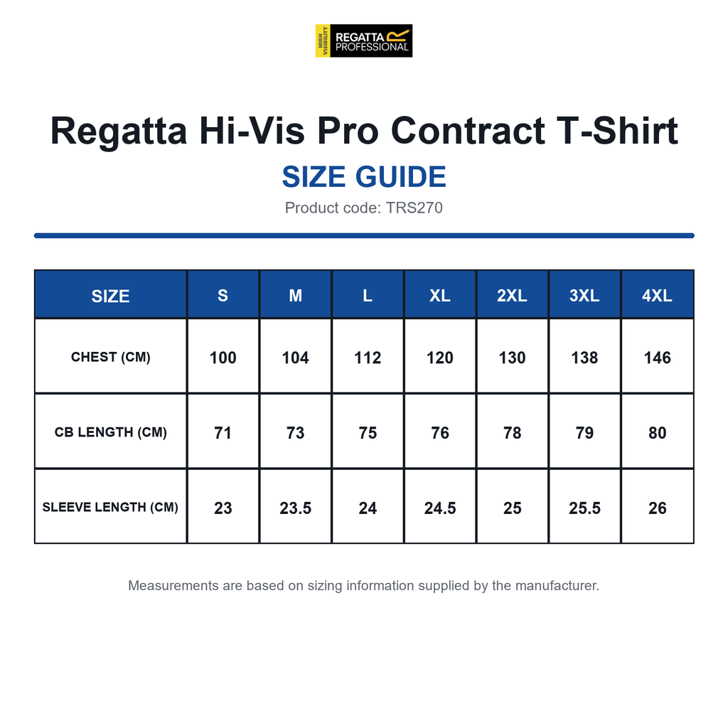 TRS270 Regatta Hi-Vis Pro Contract T-Shirt size guide (TRS270)