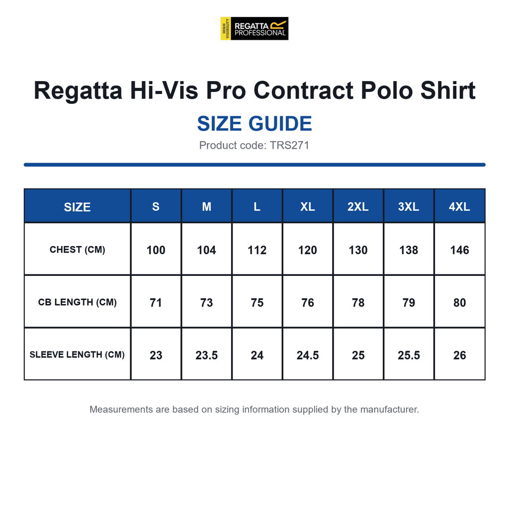 TRS271 Regatta Hi-Vis Pro Contract Polo Shirt size guide (TRS271)