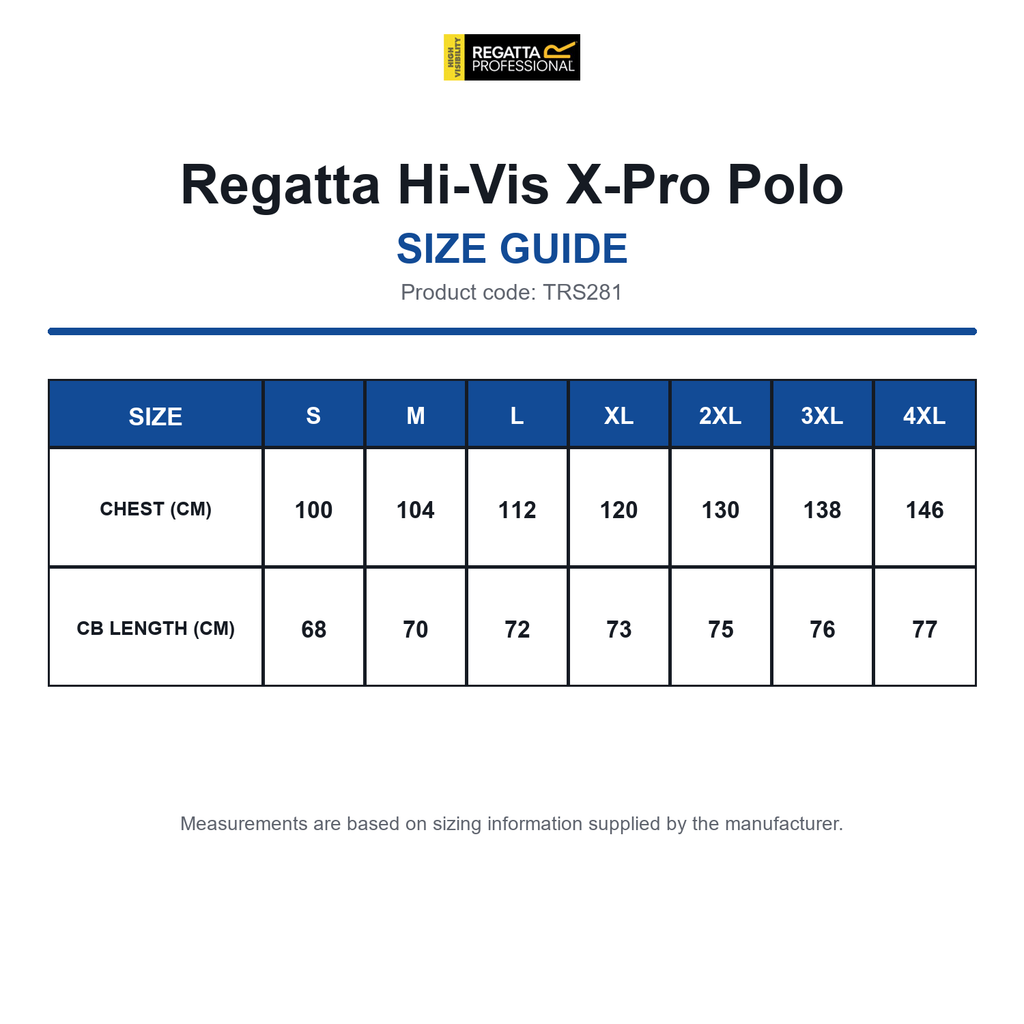 TRS281 Regatta Hi-Vis X-Pro Polo size guide (TRS281)