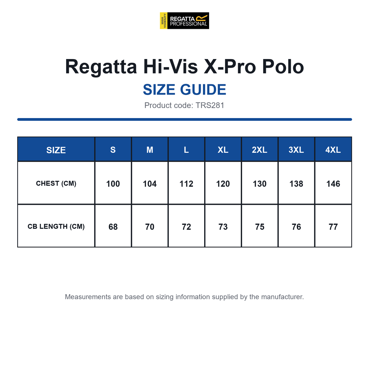 TRS281 Regatta Hi-Vis X-Pro Polo size guide (TRS281)