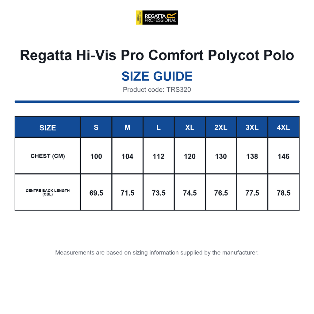 TRS320 Regatta Hi-Vis Pro Comfort Polycot Polo size guide (TRS320)
