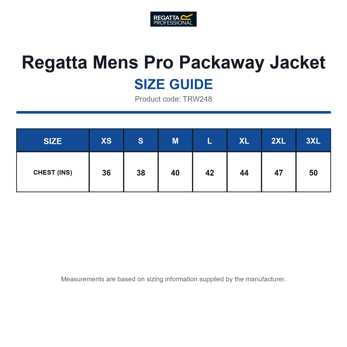 TRW248 Regatta Mens Pro Packaway Jacket size guide (TRW248)