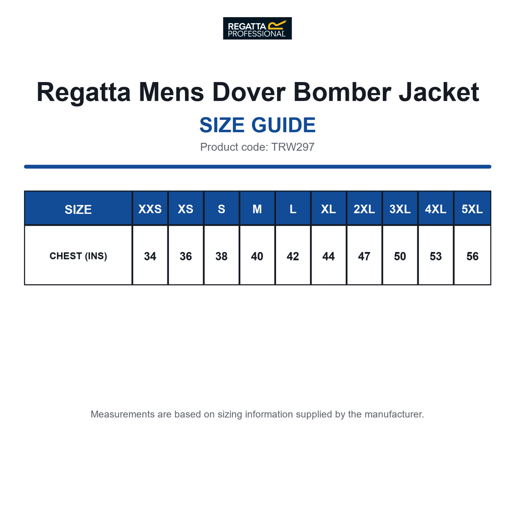 TRW297 Regatta Mens Dover Bomber Jacket size guide (TRW297)