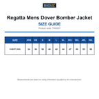 TRW297 Regatta Mens Dover Bomber Jacket size guide (TRW297)