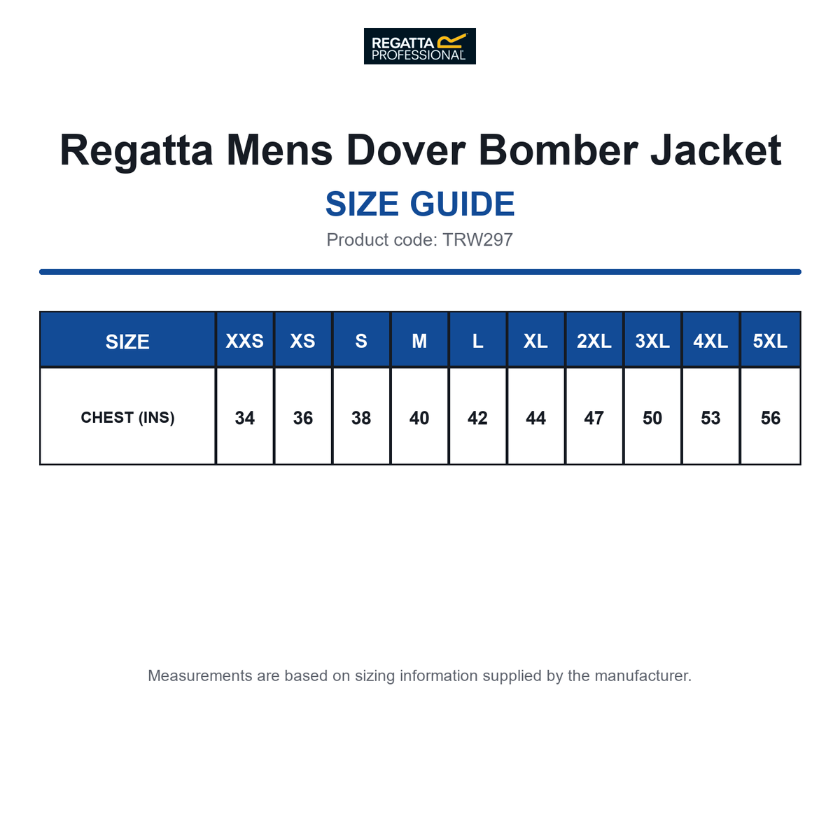 TRW297 Regatta Mens Dover Bomber Jacket size guide (TRW297)