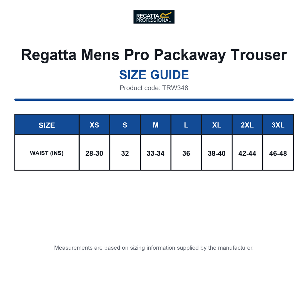 TRW348 Regatta Mens Pro Packaway Trouser size guide (TRW348)