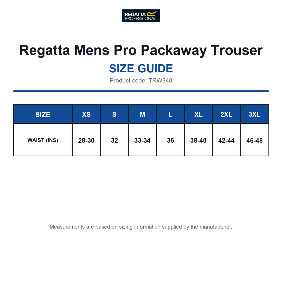 TRW348 Regatta Mens Pro Packaway Trouser size guide (TRW348)