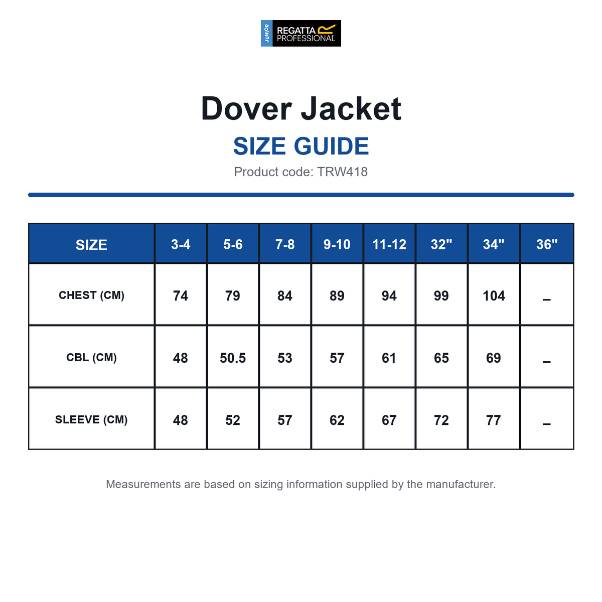 TRW418 Regatta Junior Dover Jacket size guide (TRW418)