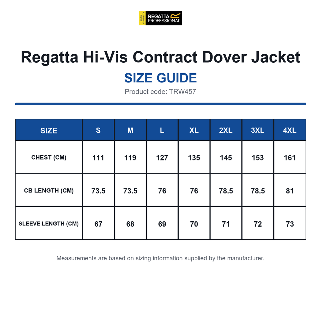 TRW457 Regatta Hi-Vis Contract Dover Jacket size guide (TRW457)