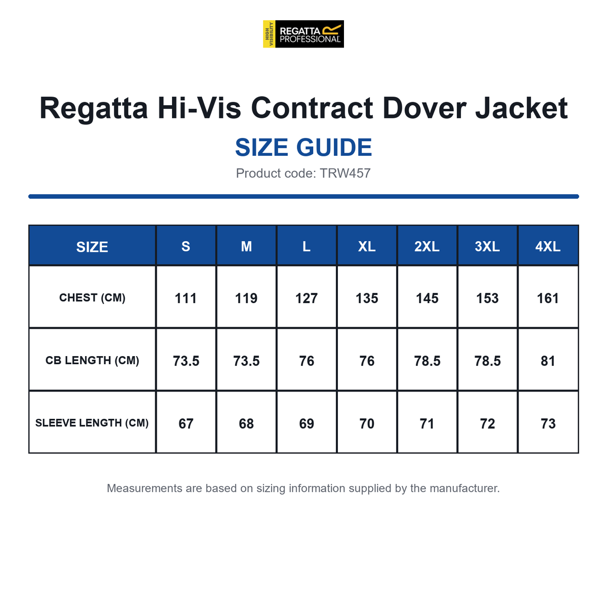 TRW457 Regatta Hi-Vis Contract Dover Jacket size guide (TRW457)