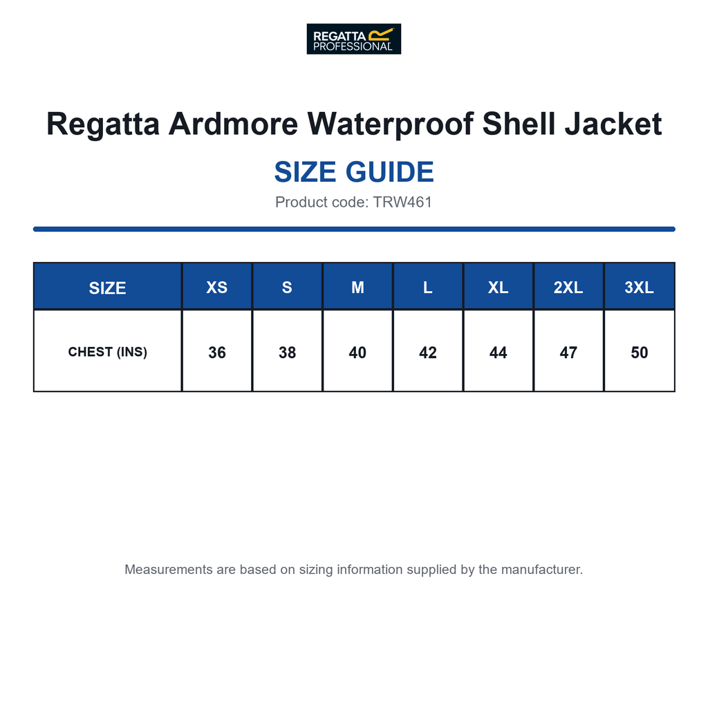 TRW461 Regatta Ardmore Waterproof Shell Jacket size guide (TRW461)