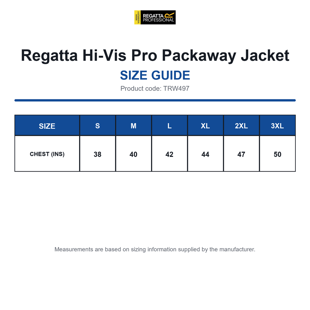 TRW497 Regatta Hi-Vis Pro Packaway Jacket size guide (TRW497)