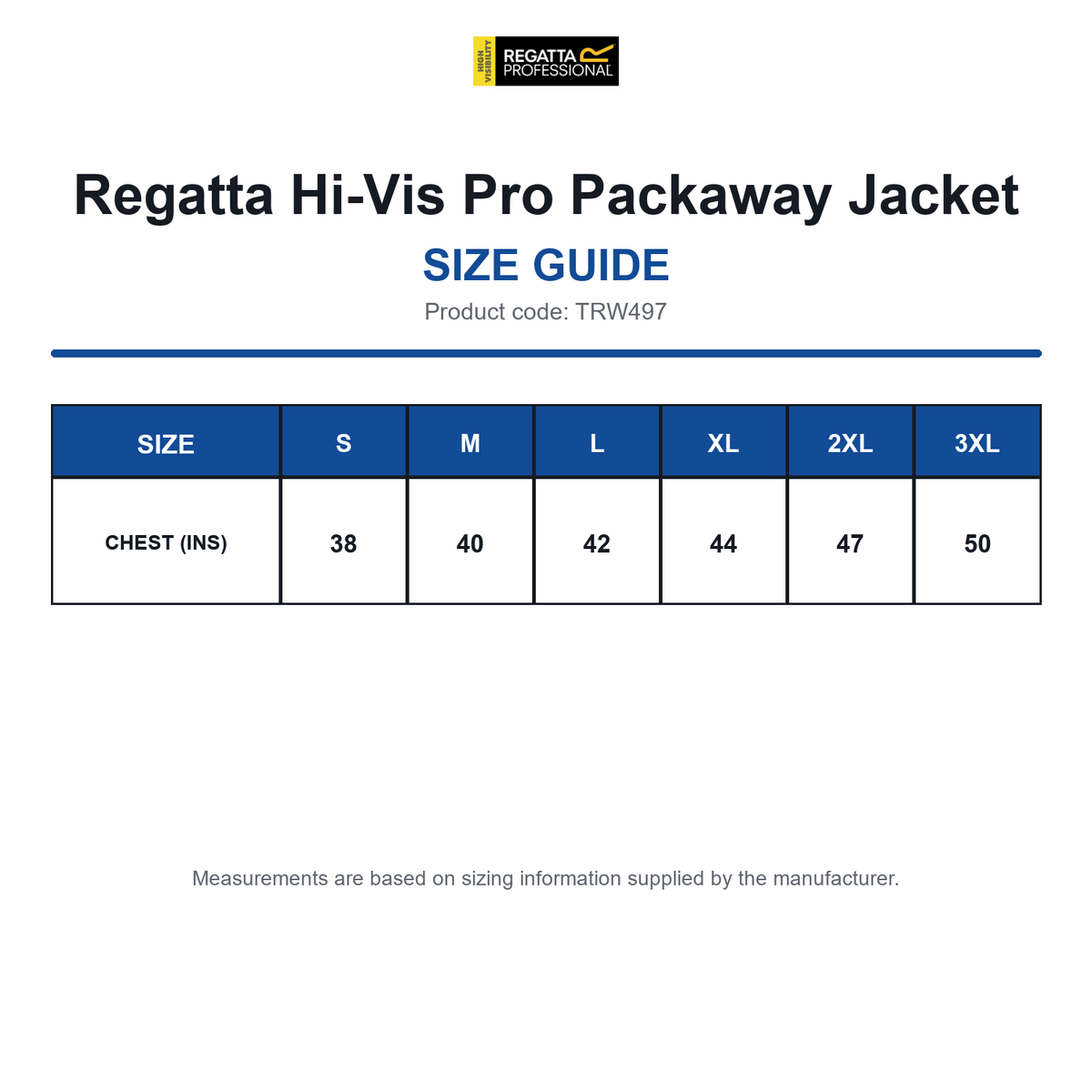 TRW497 Regatta Hi-Vis Pro Packaway Jacket size guide (TRW497)