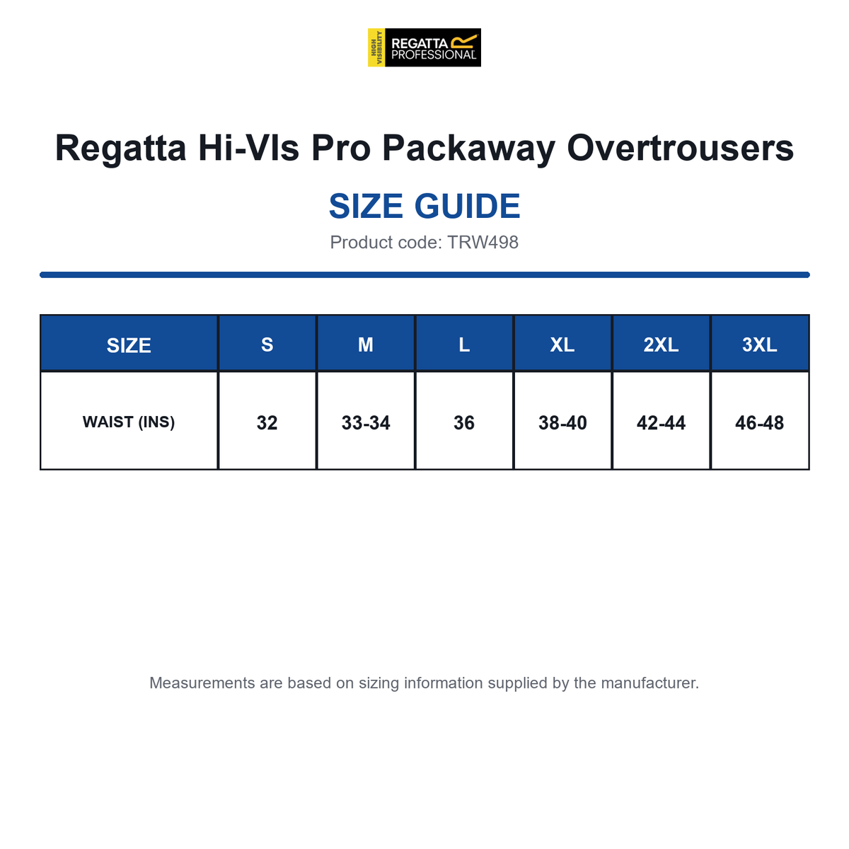 TRW498 Regatta Hi-VIs Pro Packaway Overtrousers size guide (TRW498)