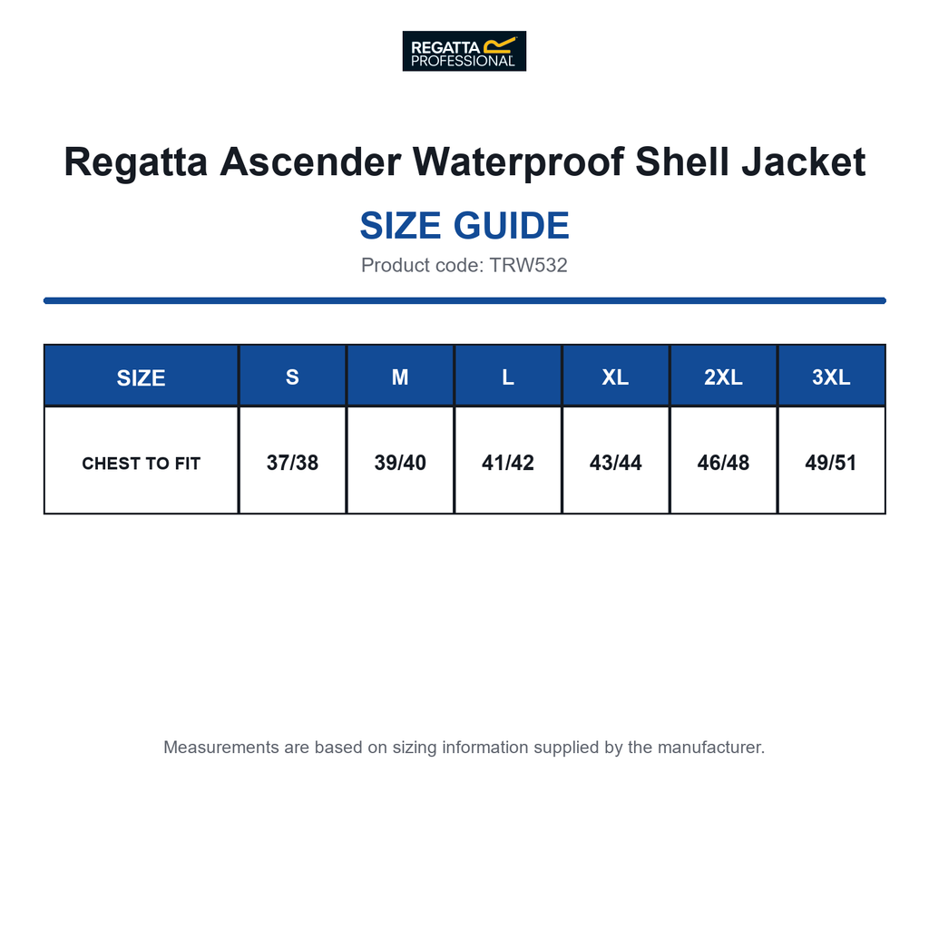 TRW532 Regatta Ascender Waterproof Shell Jacket size guide (TRW532)