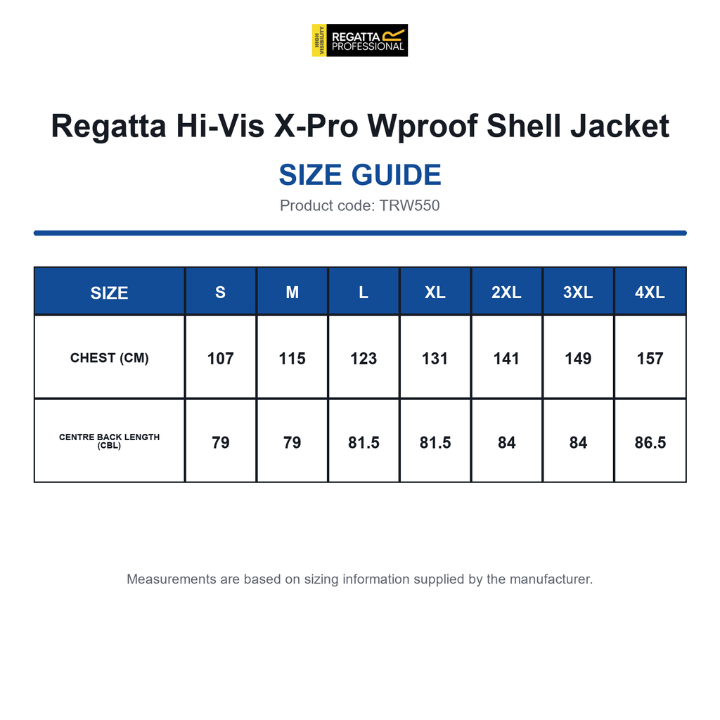 TRW550 Regatta Hi-Vis X-Pro Wproof Shell Jacket size guide (TRW550)
