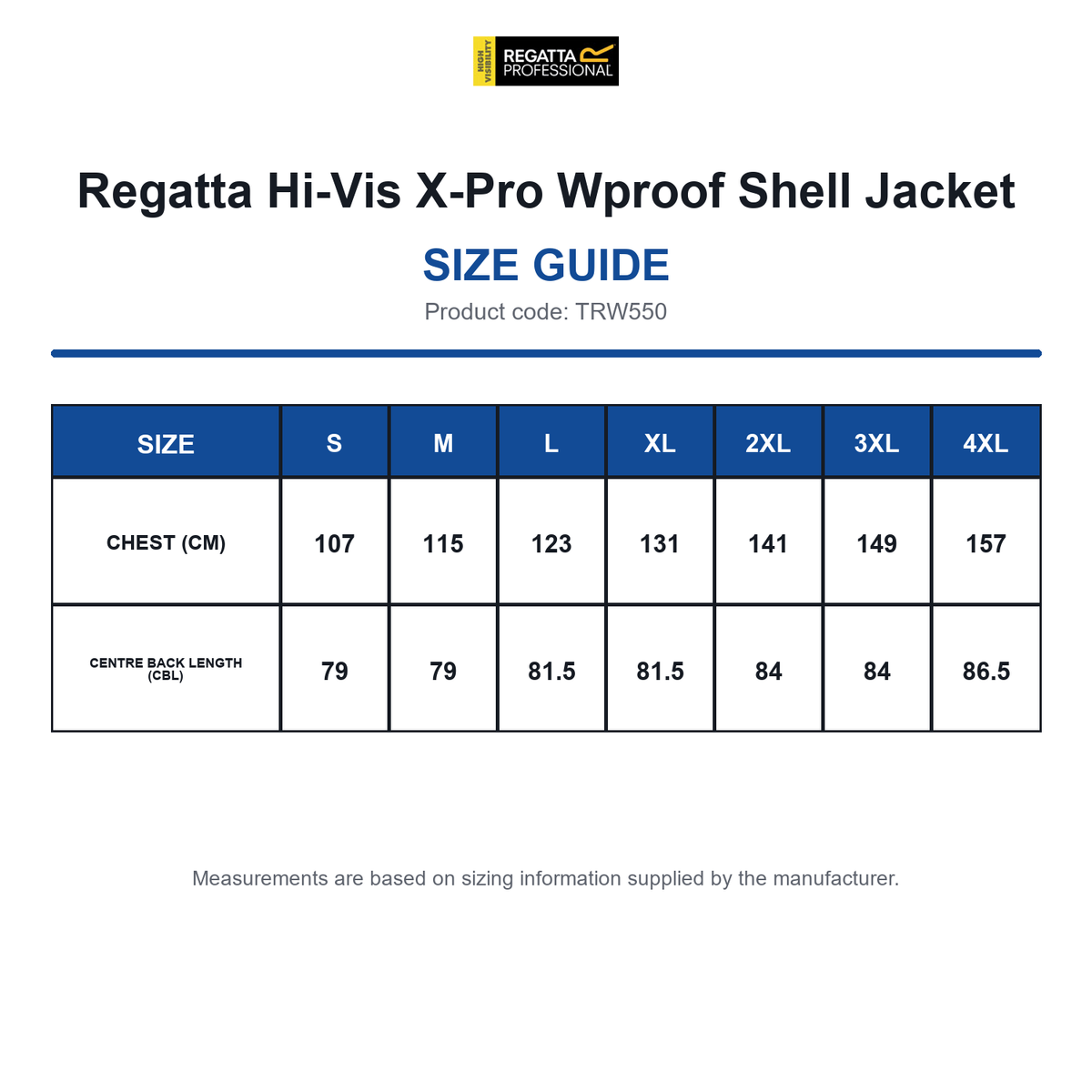 TRW550 Regatta Hi-Vis X-Pro Wproof Shell Jacket size guide (TRW550)