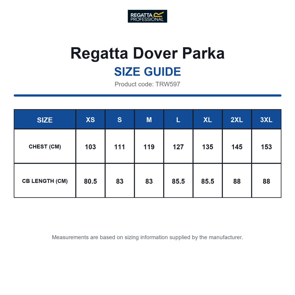 TRW597 Regatta Dover Parka size guide (TRW597)