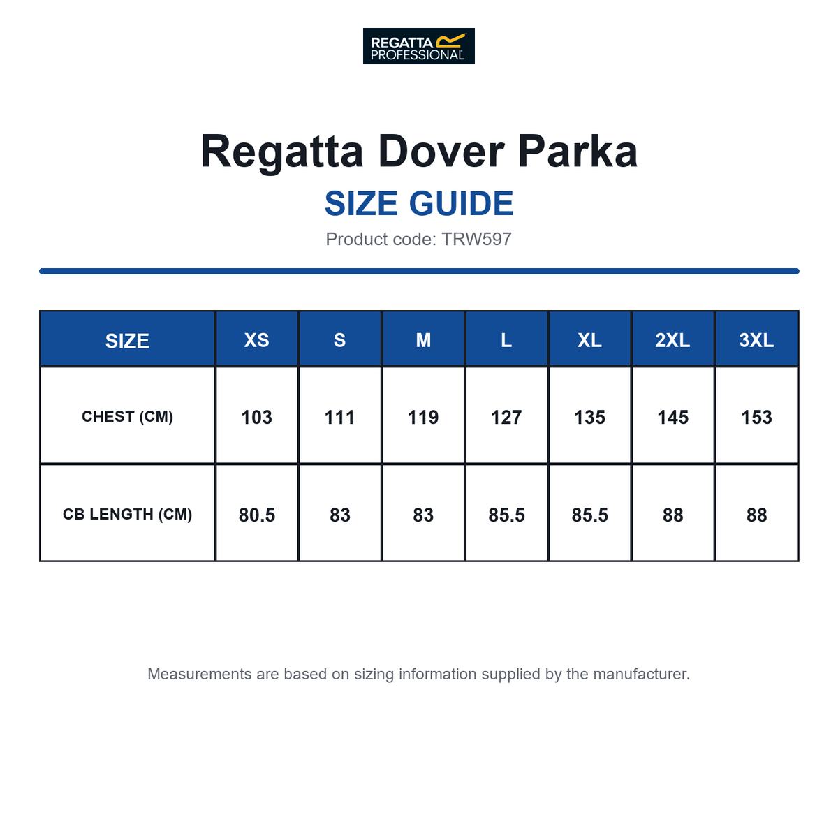 TRW597 Regatta Dover Parka size guide (TRW597)