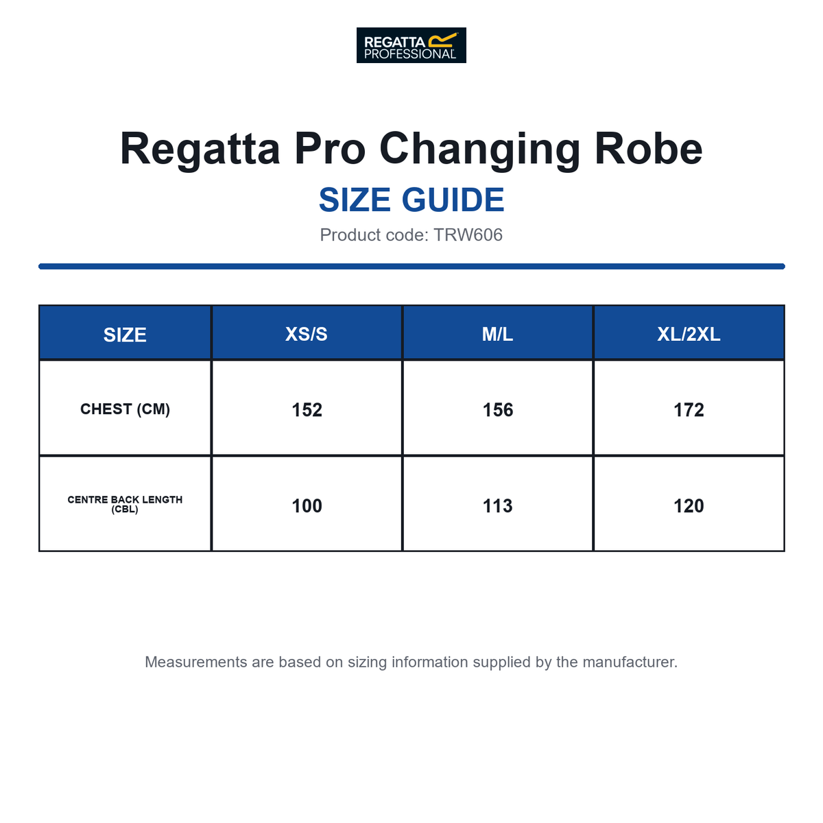 TRW606 Regatta Pro Changing Robe size guide (TRW606)