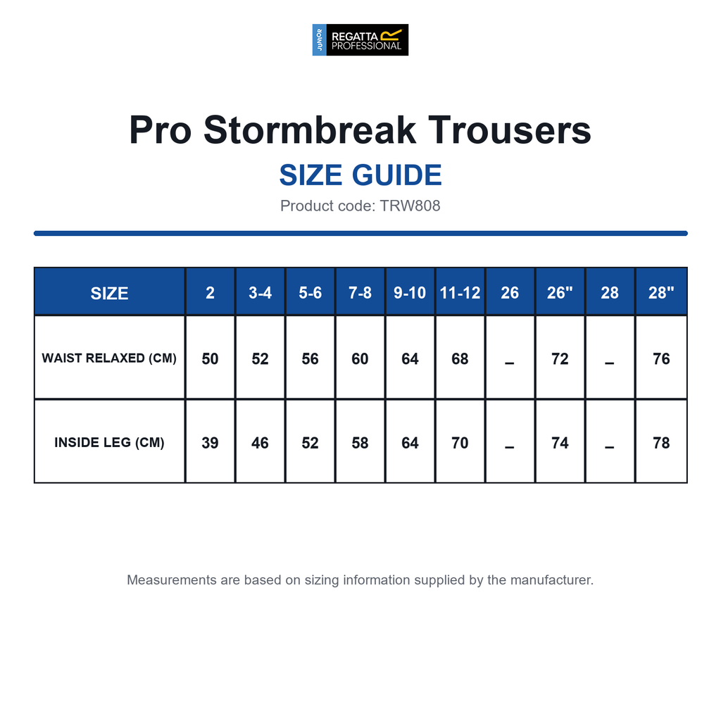 TRW808 Regatta Junior Pro Stormbreak Trousers size guide (TRW808)