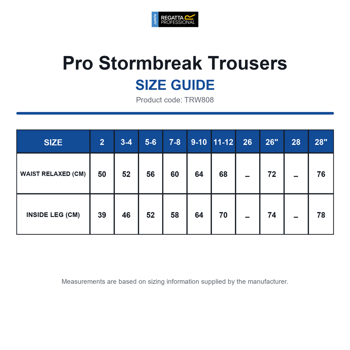 TRW808 Regatta Junior Pro Stormbreak Trousers size guide (TRW808)