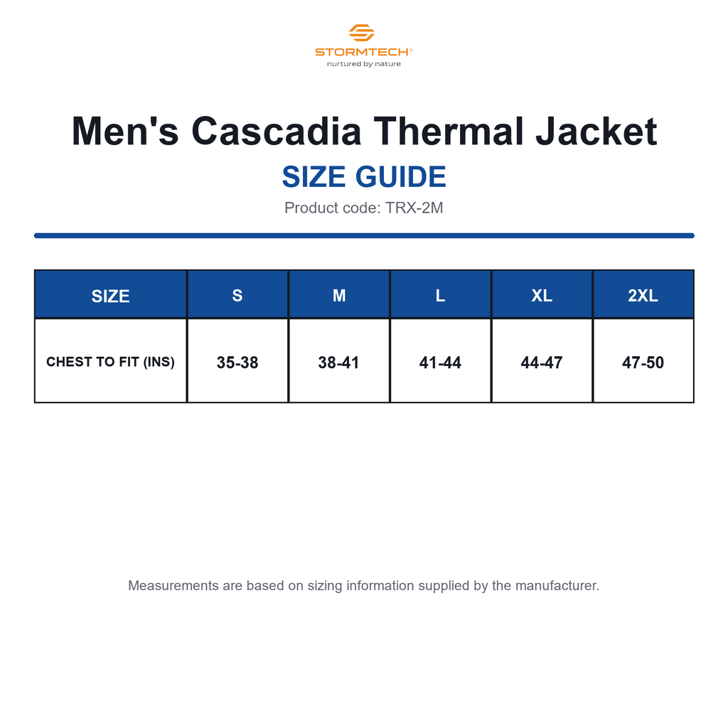 TRX-2M Stormtech Men's Cascadia Thermal Jacket size guide (TRX-2M)