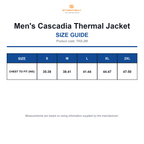 TRX-2M Stormtech Men's Cascadia Thermal Jacket size guide (TRX-2M)