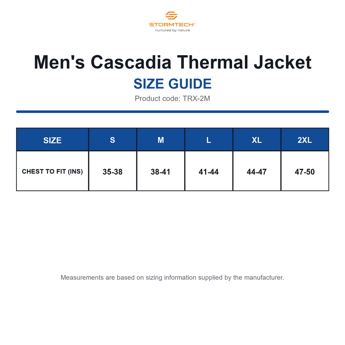 TRX-2M Stormtech Men's Cascadia Thermal Jacket size guide (TRX-2M)