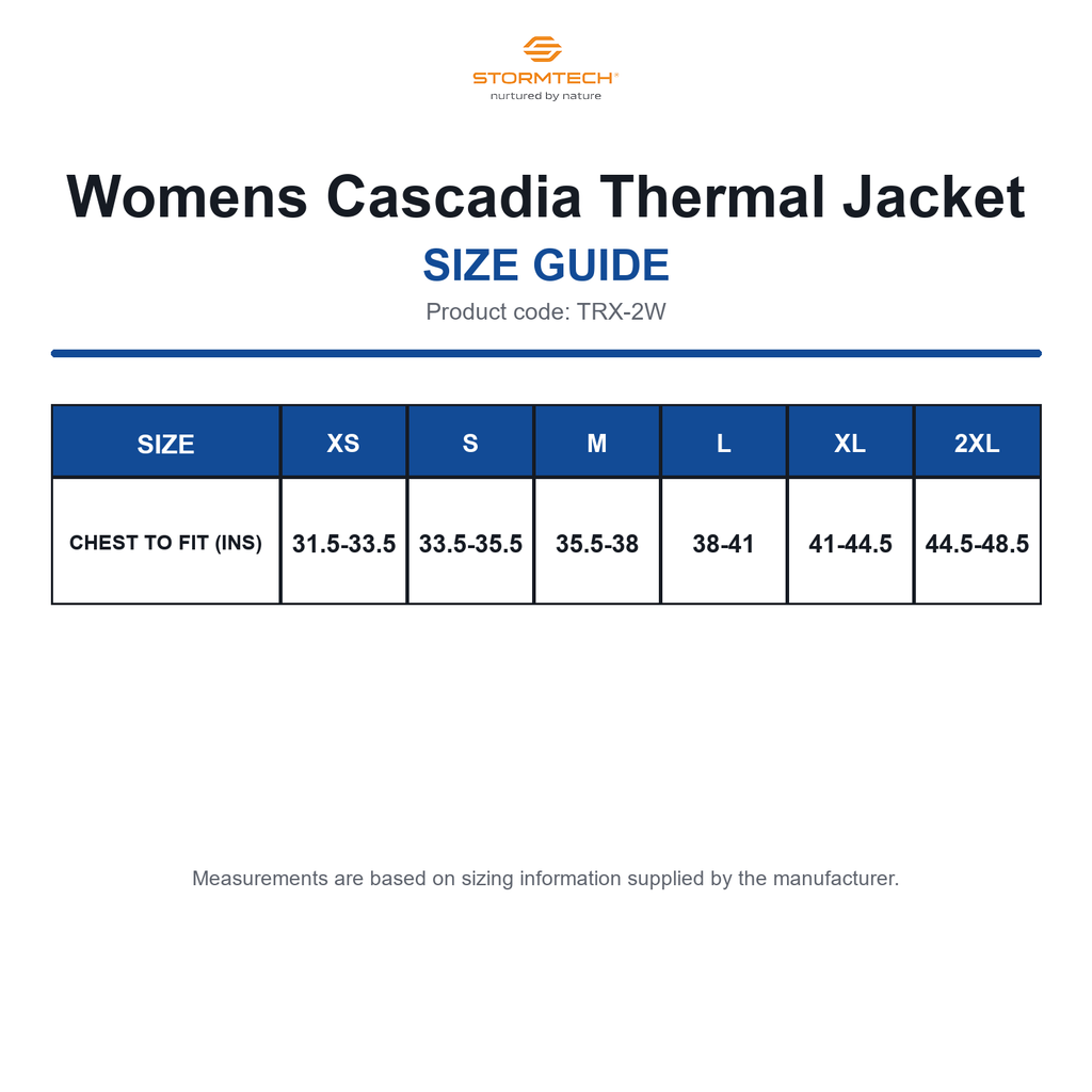 TRX-2W Stormtech Womens Cascadia Thermal Jacket size guide (TRX-2W)